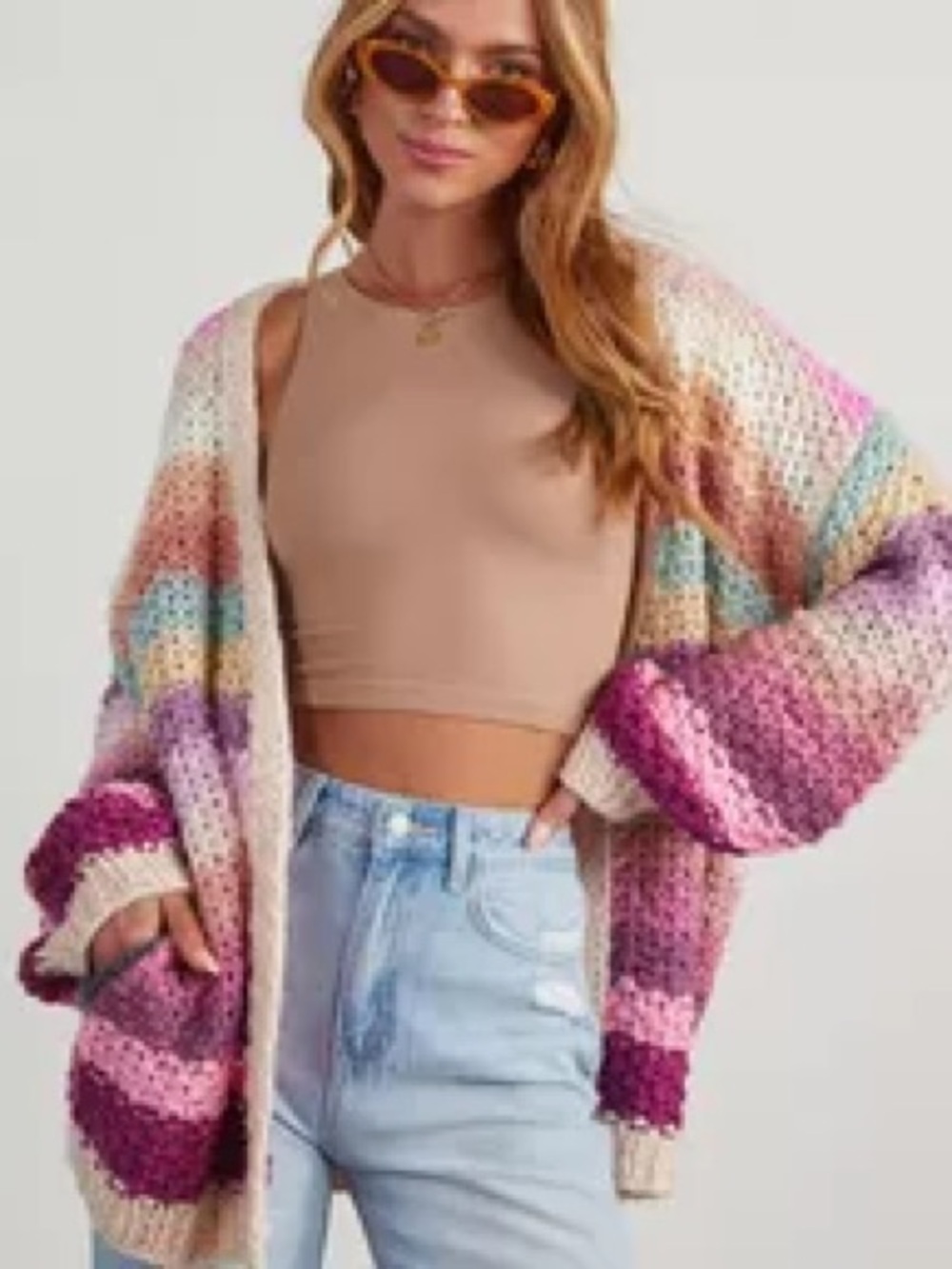 Saachi Mayflower Rainbow Stripe Crochet Chunky Knit Cardigan One Size